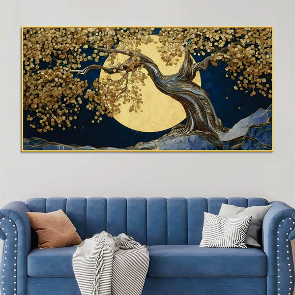 Abstract Golden Moon Nature Canvas Painting | Framed Canvas Wall Art for Home Decoration