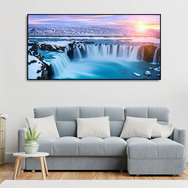 Amazing Godafoss Waterfall in Winter Premium Canvas Wall Painting | Framed Canvas Wall Art for Home Decoration
