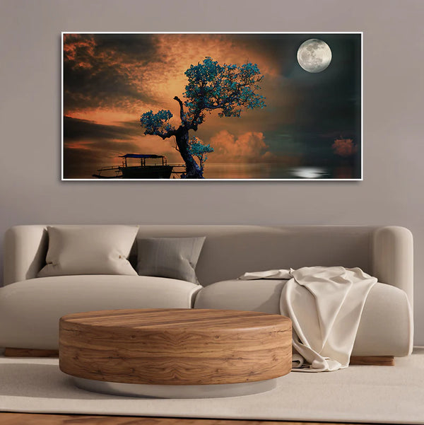 Amazing Tree Under the Moonlight Premium Painting | Framed Canvas Wall Art for Home Decoration