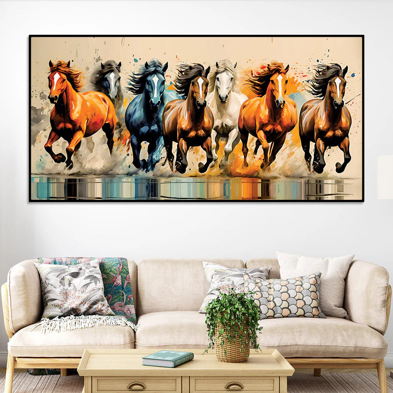 Auspicious Seven Running Horses Premium wall Painting | Framed Canvas Wall Art for Home Decoration