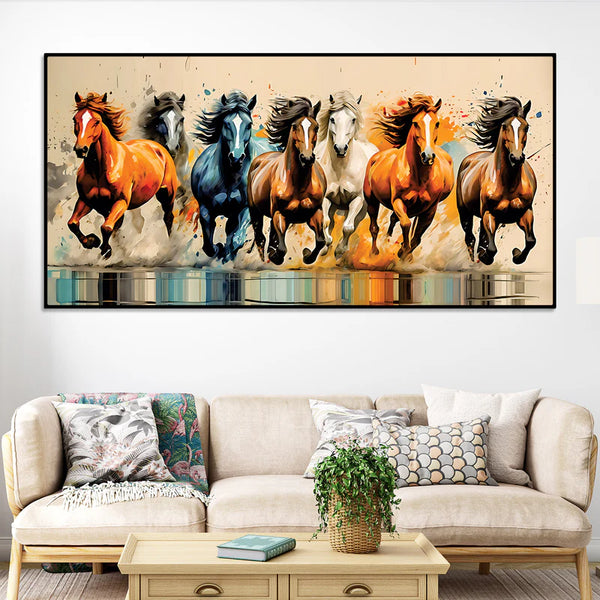 Auspicious Seven Running Horses Premium wall Painting | Framed Canvas Wall Art for Home Decoration