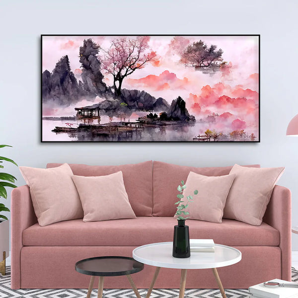 Lake View Watercolor Art Canvas Wall Painting | Framed Canvas Wall Art for Home Decoration