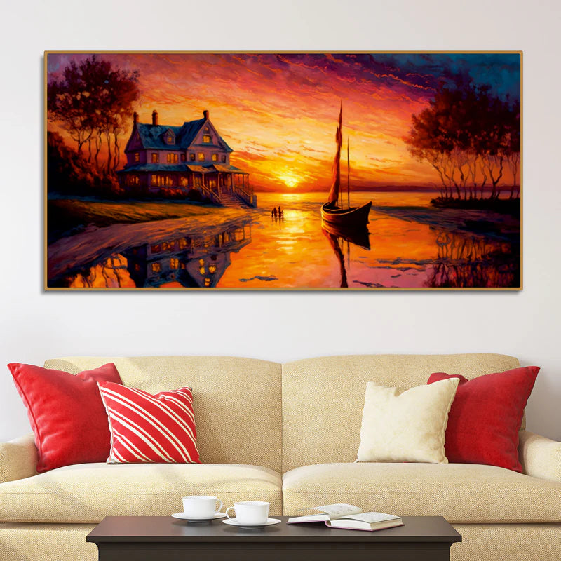 Lake with A Sunset View Canvas Wall Painting | Framed Canvas Wall Art for Home Decoration