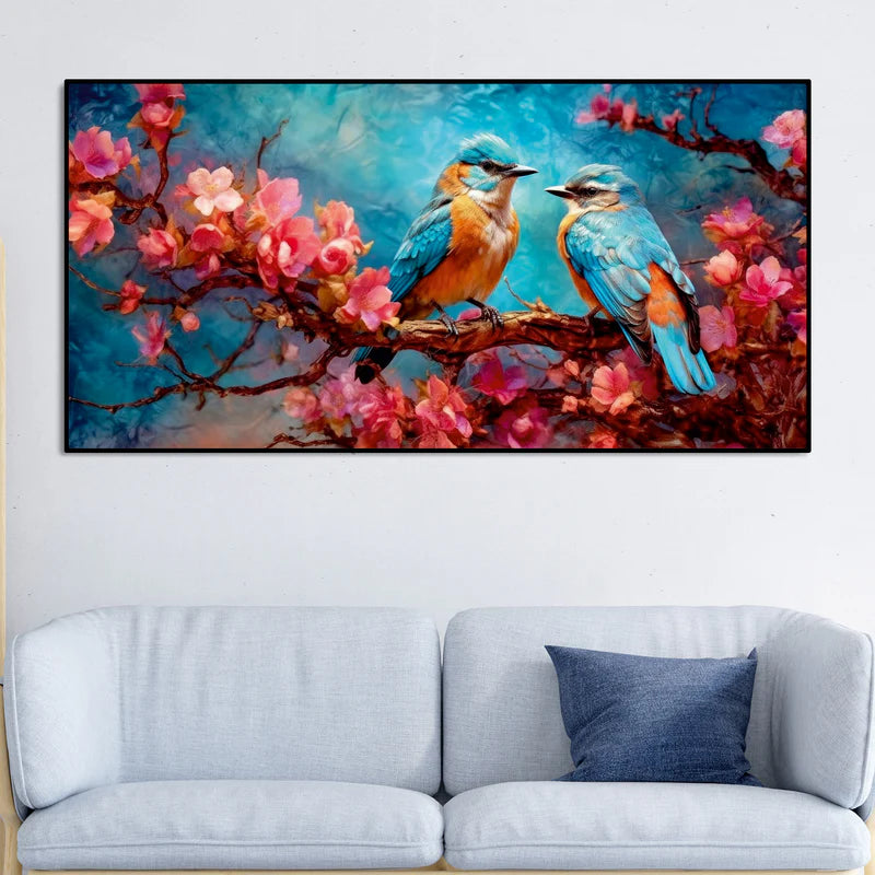 Love Birds on a Branch with Pink Flowers Canvas Wall Painting | Framed Canvas Wall Art for Home Decoration