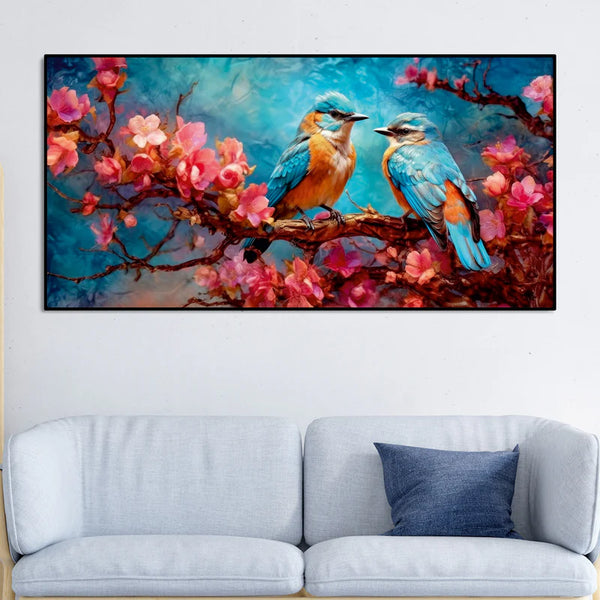 Love Birds on a Branch with Pink Flowers Canvas Wall Painting | Framed Canvas Wall Art for Home Decoration