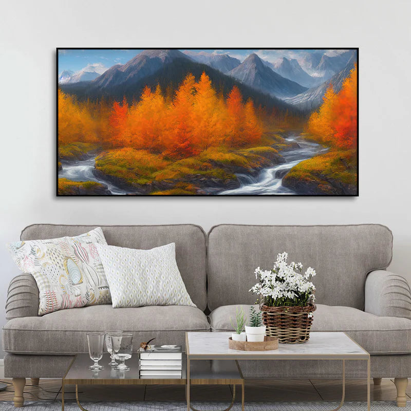 Mountains with Autumn foliage of Trees Canvas Wall Painting | Framed Canvas Wall Art for Home Decoration