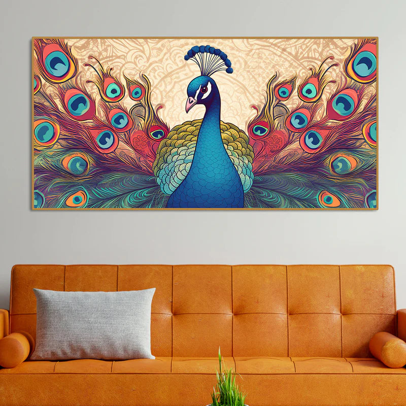 Peacock in Traditional Style Canvas Wall Painting | Framed Canvas Wall Art for Home Decoration