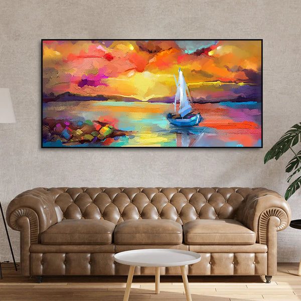 Ship in the Ocean Abstract Scenery Canvas Wall Painting | Framed Canvas Wall Art for Home Decoration