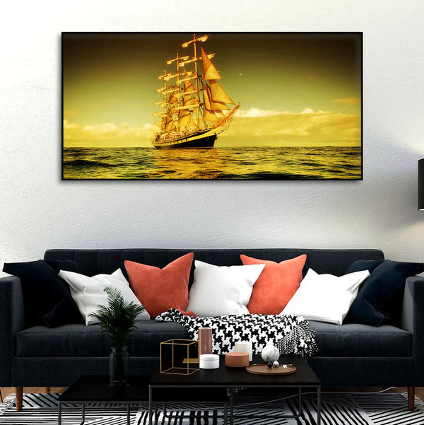 Ship in the Ocean Abstract Scenery Canvas Wall Painting | Framed Canvas Wall Art for Home Decoration