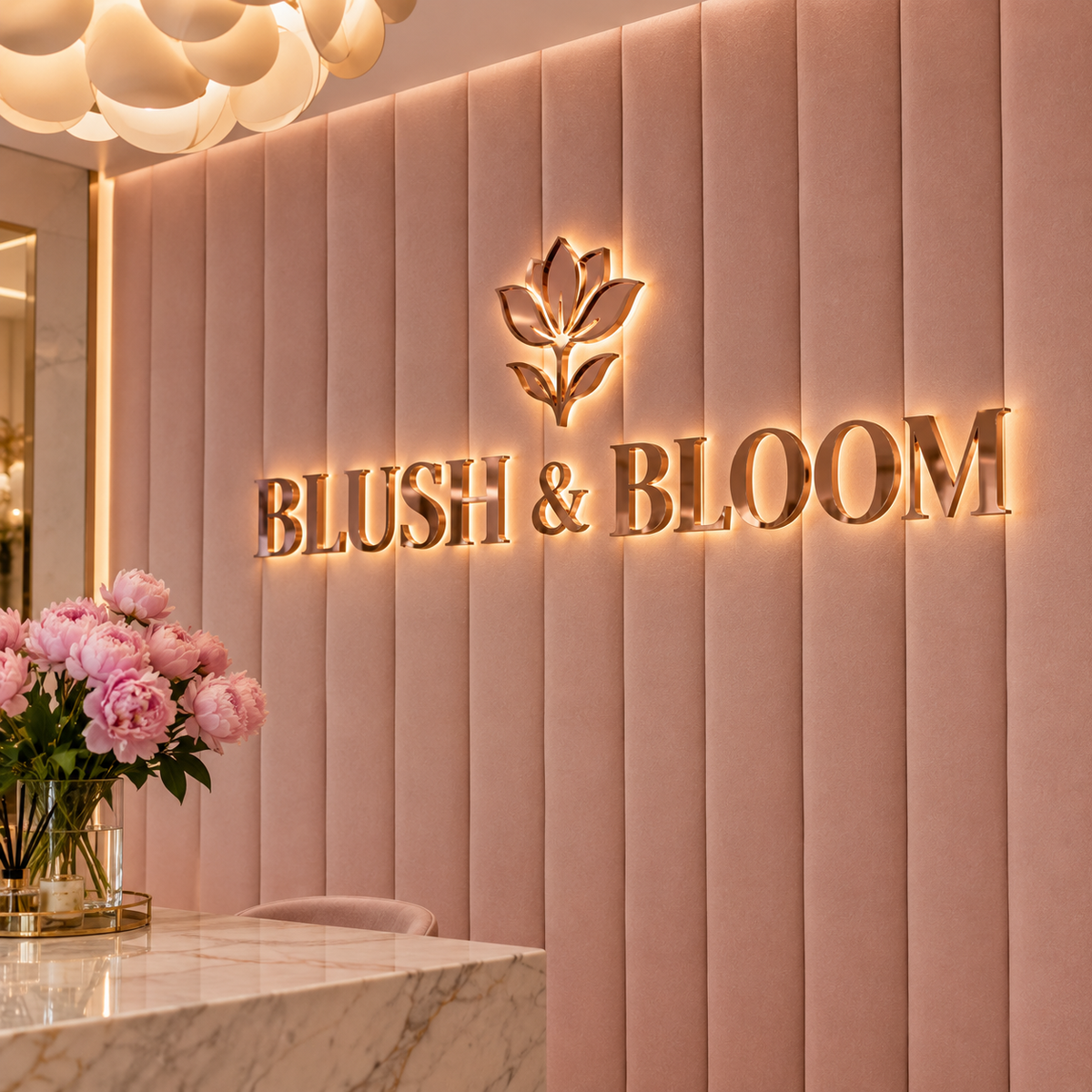 Halo Back-Lit Rose Gold Letters – Salon & Boutique Sign