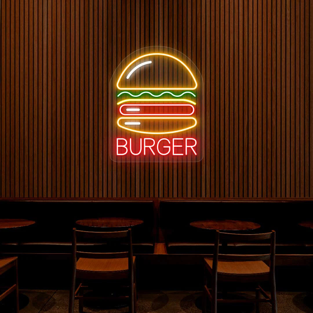 Burger Multicolor LED Cafe Neon Signs | Modern Neon Flex Coffee Shop Lights (15 Inch x 24 Inch)
