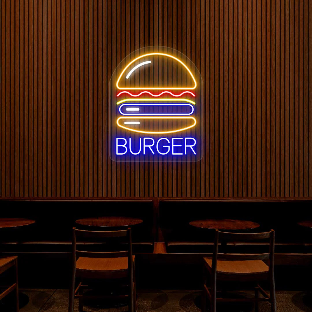 Burger Multicolor LED Cafe Neon Signs | Modern Neon Flex Coffee Shop Lights (15 Inch x 24 Inch)