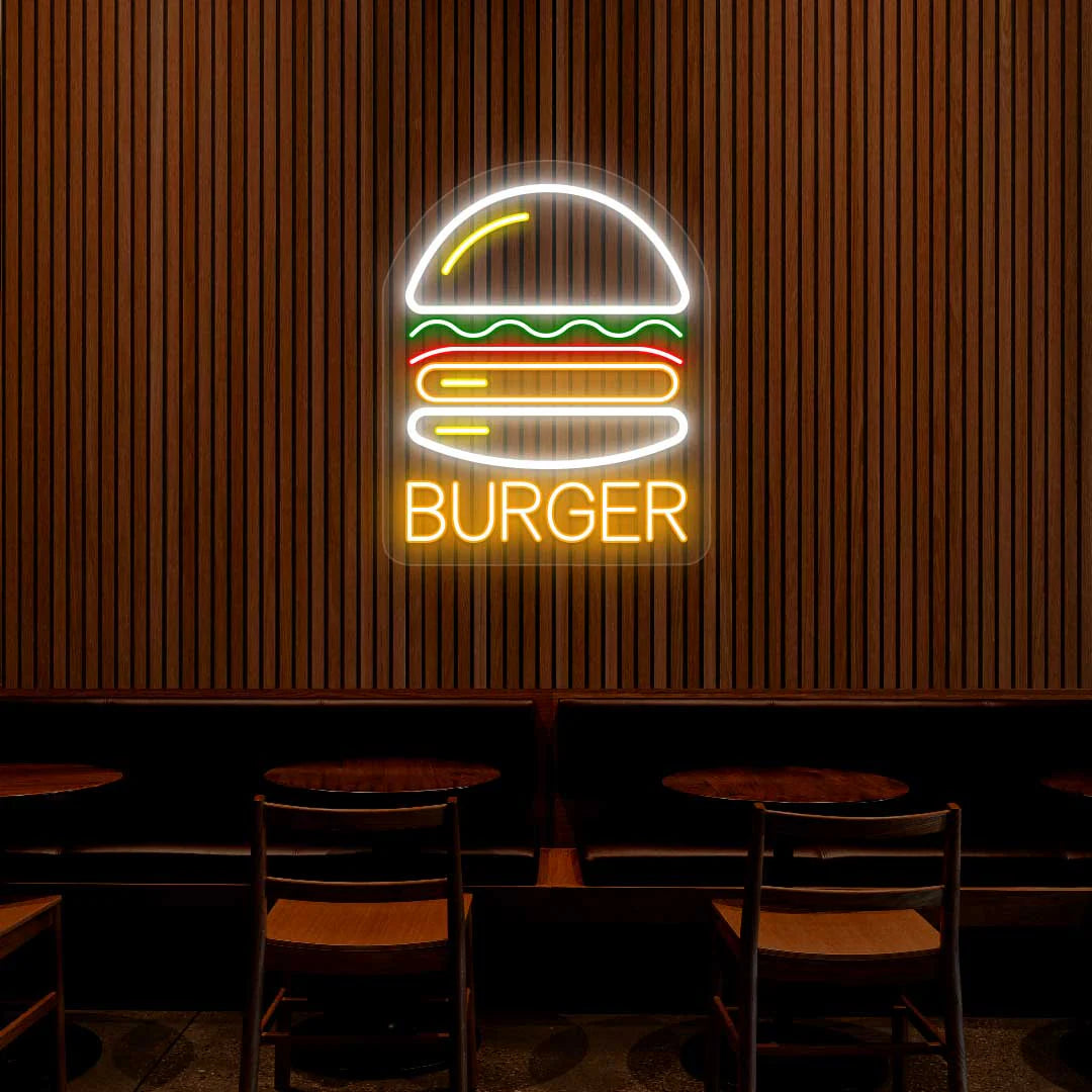 Burger Multicolor LED Cafe Neon Signs | Modern Neon Flex Coffee Shop Lights (15 Inch x 24 Inch)