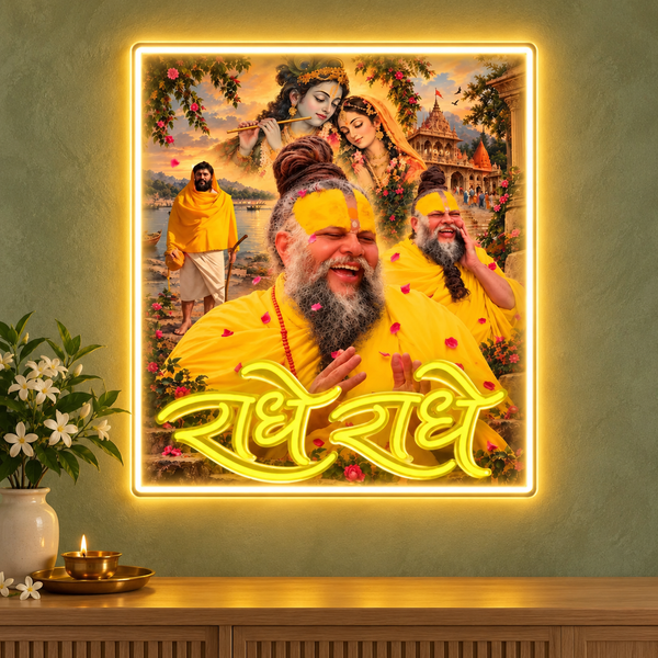 Premanand Ji Maharaj Radhe Radhe Neon Sign | Radha Krishna Vrindavan UV Print LED Frame (24In x 30In)