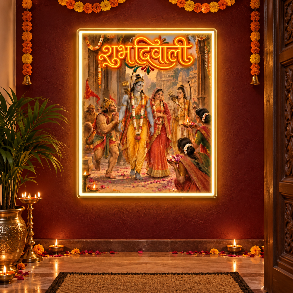 Shubh Diwali neon sign with Ram Sita Lakshman Hanuman return to Ayodhya UV print