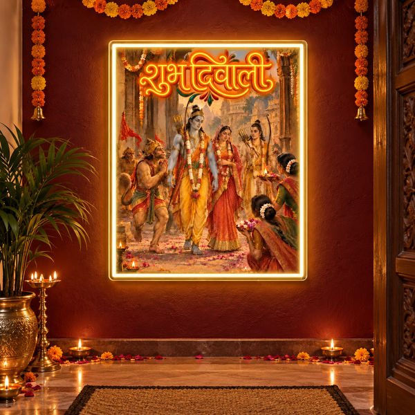 Shubh Diwali Neon Sign | Ram Sita Return to Ayodhya UV Print LED Frame (18In x 30In)