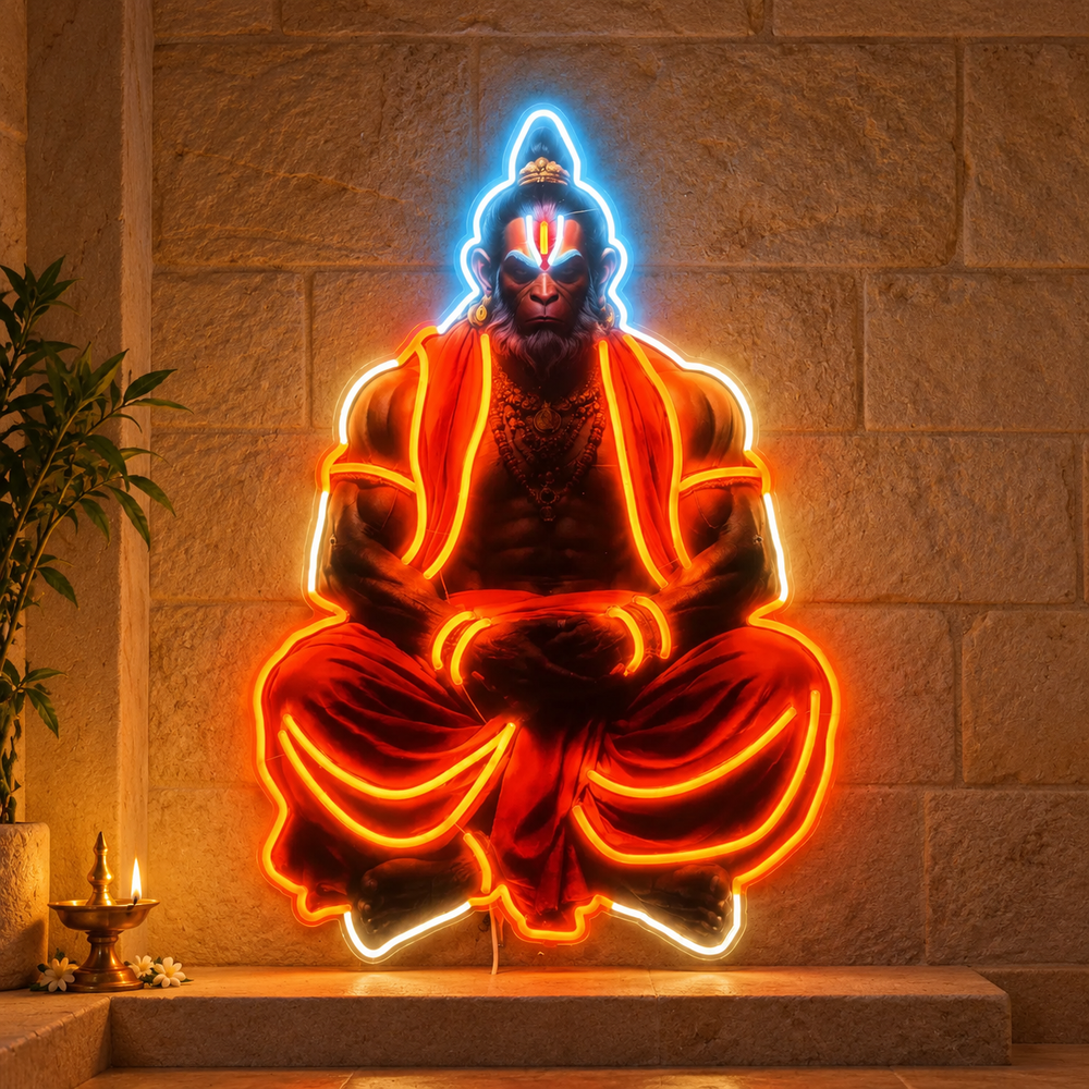 Meditating Hanuman Ji LED neon sign cutout with UV print in orange and blue