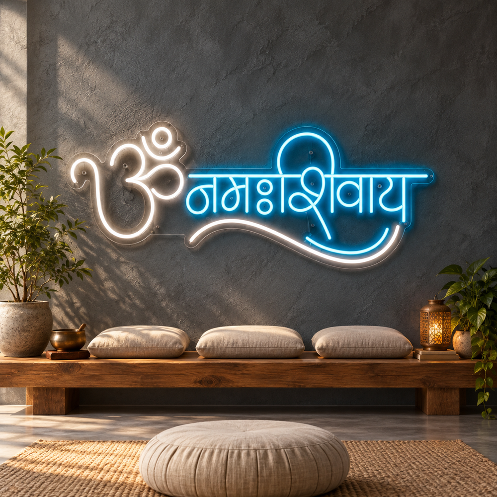 Om Namah Shivaya LED neon sign in white and blue Hindi lettering