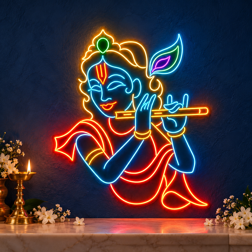 Bal Krishna playing flute multicolour LED neon sign with peacock feather