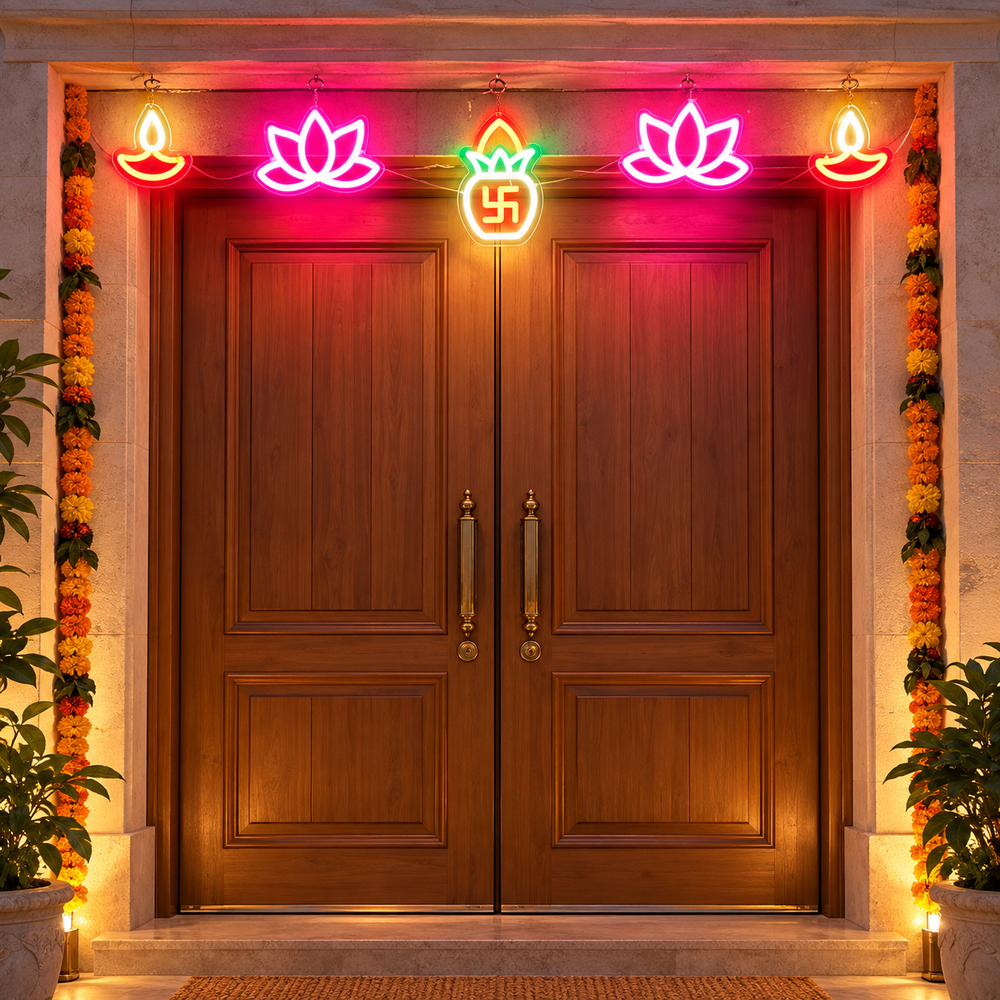 Diwali door toran LED neon set with diya, lotus and kalash swastik