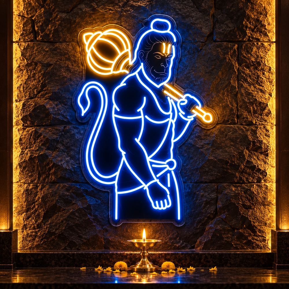 Hanuman Ji with gada LED neon sign in blue and golden yellow