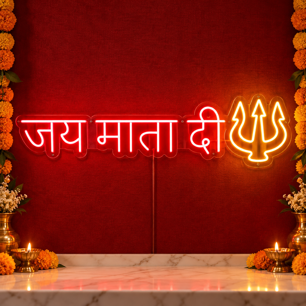 Jai Mata Di LED neon sign in red with golden trishul for Navratri