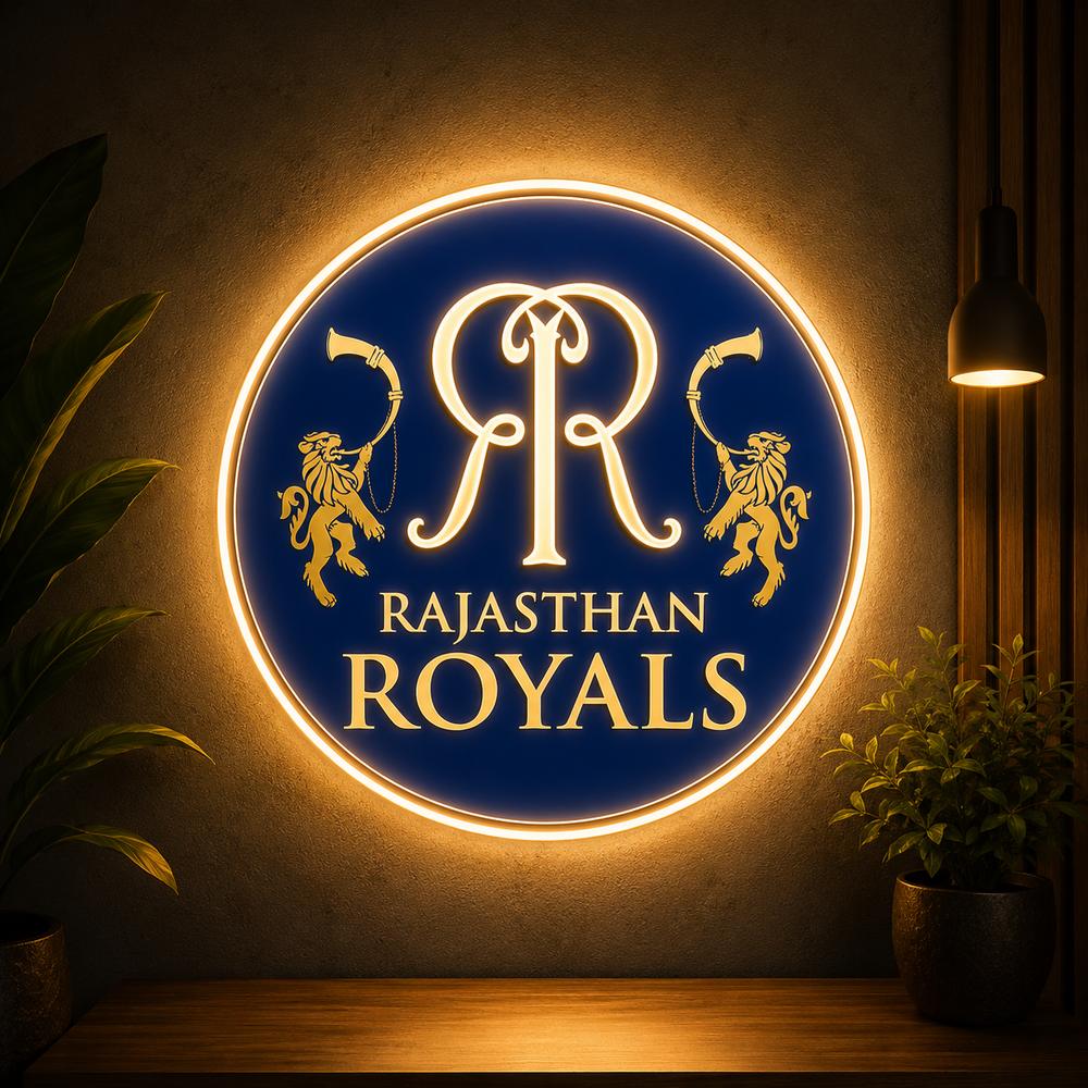 Rajasthan Royals Inspired Royal Blue LED Neon Sign | Premium Cricket Team Wall Light & Fan Room Decor