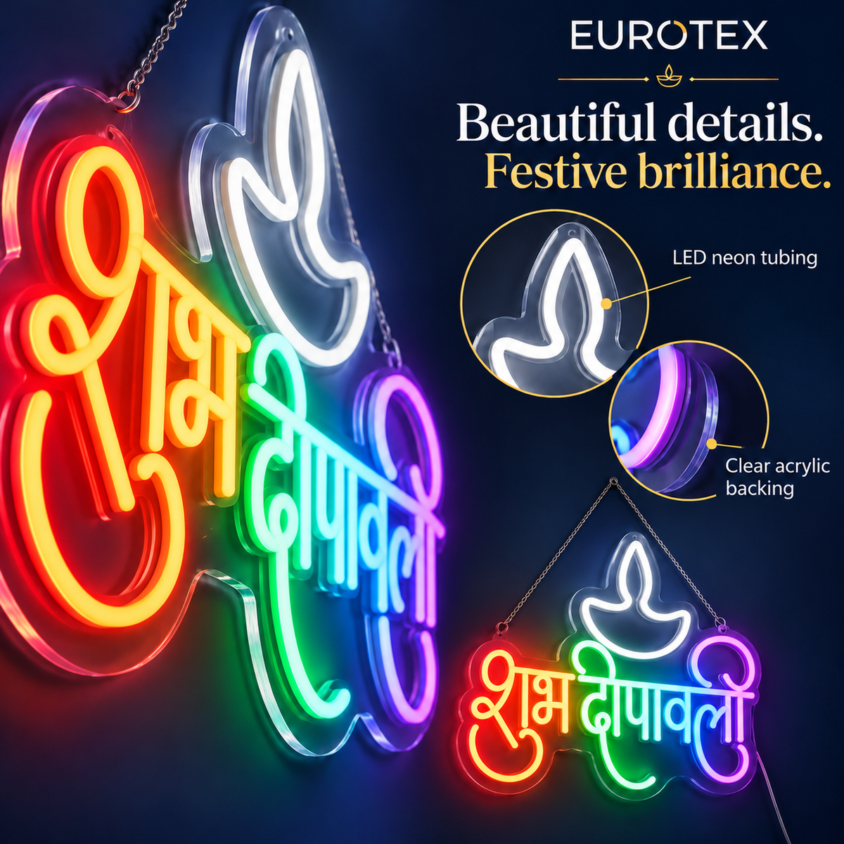 Shubh Diwali LED Neon Sign with Diya – Subh Deepawali Led Neon Sign Multicolor Wall Decor