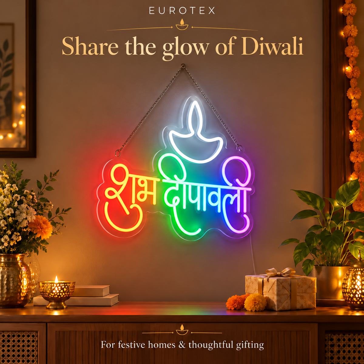 Shubh Diwali LED Neon Sign with Diya – Subh Deepawali Led Neon Sign Multicolor Wall Decor