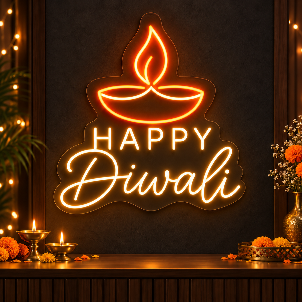 Happy Diwali neon sign with large diya in orange LED