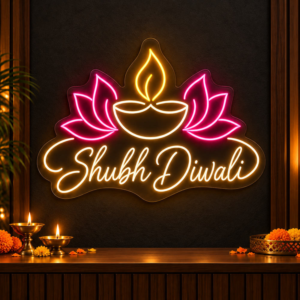 Shubh Diwali neon sign with pink lotus and golden diya