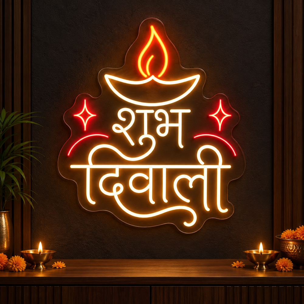 Shubh Diwali Hindi neon sign with diya and red sparkles