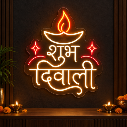 Shubh Diwali Hindi neon sign with diya and red sparkles