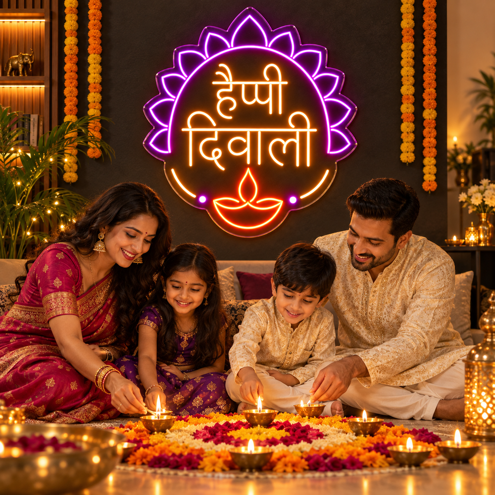 Happy Diwali Hindi mandala neon sign – view 2