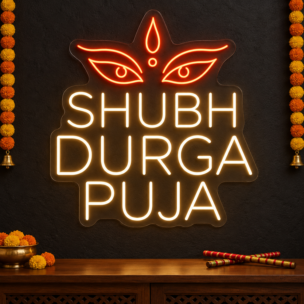 Shubh Durga Puja LED neon sign with Maa Durga eyes