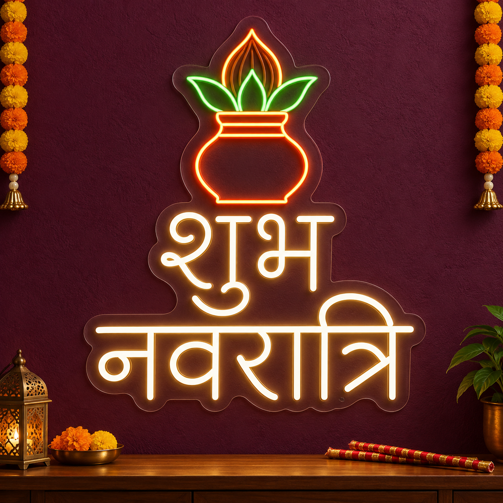 Shubh Navratri Hindi LED neon sign with Kalash