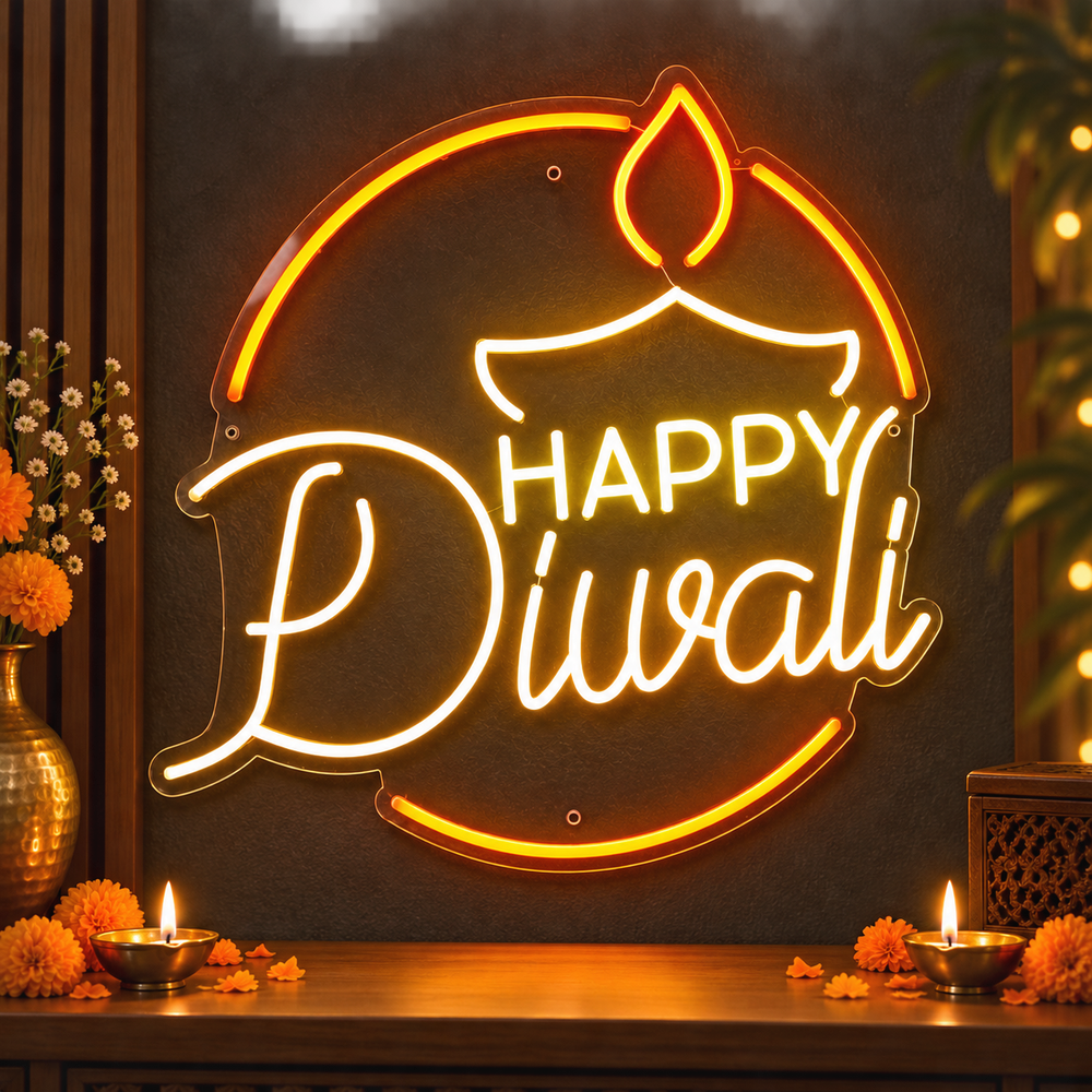 Happy Diwali round diya neon sign – view 2