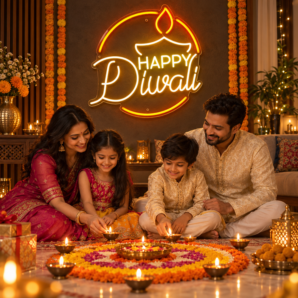 Happy Diwali round diya neon sign – view 3
