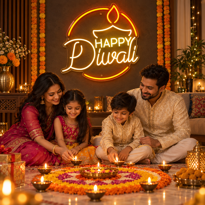 Happy Diwali round diya neon sign – view 3