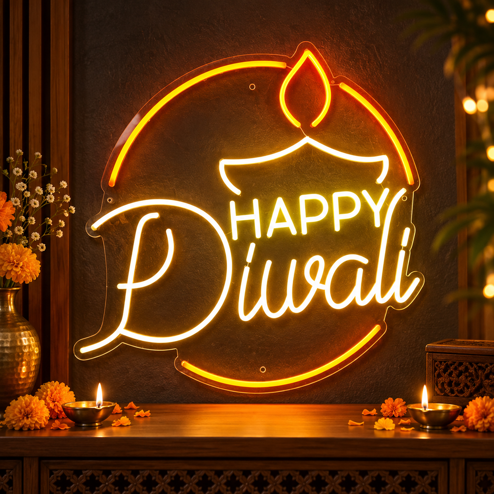 Round Happy Diwali neon sign with diya in warm white and orange
