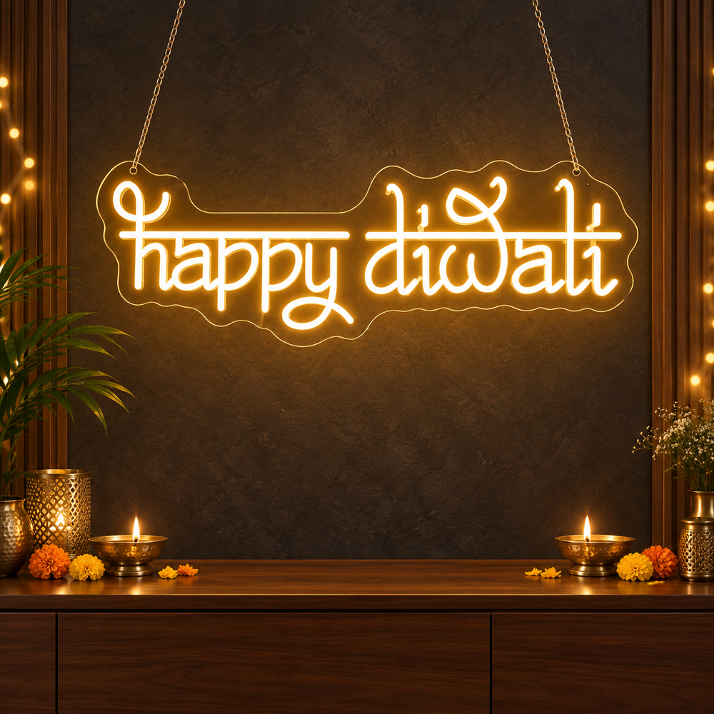 Happy Diwali hanging neon sign in warm orange Devanagari-style script