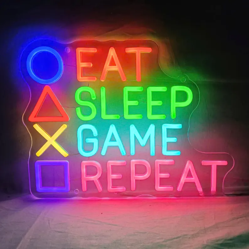 Eat Sleep Game Repeat Neon Sign Custom Made | LED Gaming Room Quote Wall Decor