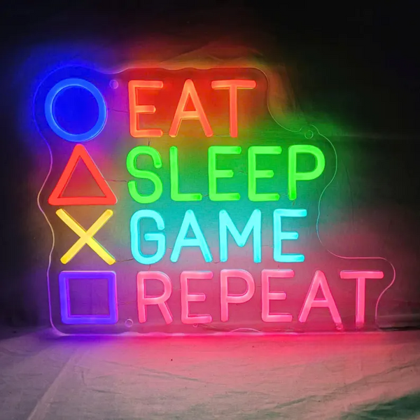 Eat Sleep Game Repeat Neon Sign Custom Made | LED Gaming Room Quote Wall Decor