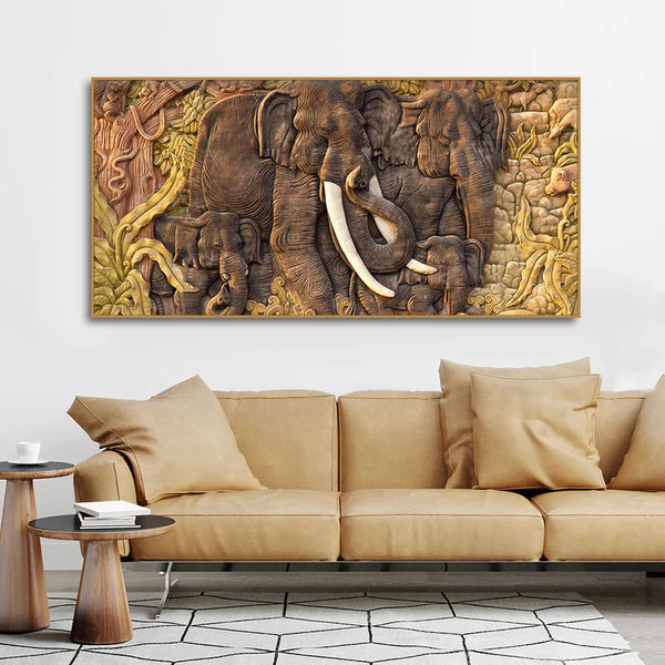Elephant Family in the Forest Textured Art Premium Wall Painting | Framed Canvas Wall Art for Home Decoration