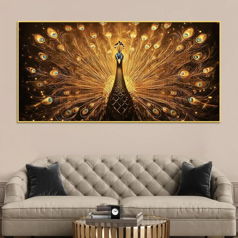 Flamboyant Golden Peacock Canvas Wall Painting for Home & Office | Framed Canvas Wall Art for Home Decoration
