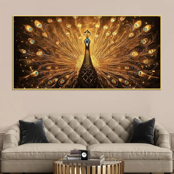 Flamboyant Golden Peacock Canvas Wall Painting for Home & Office | Framed Canvas Wall Art for Home Decoration