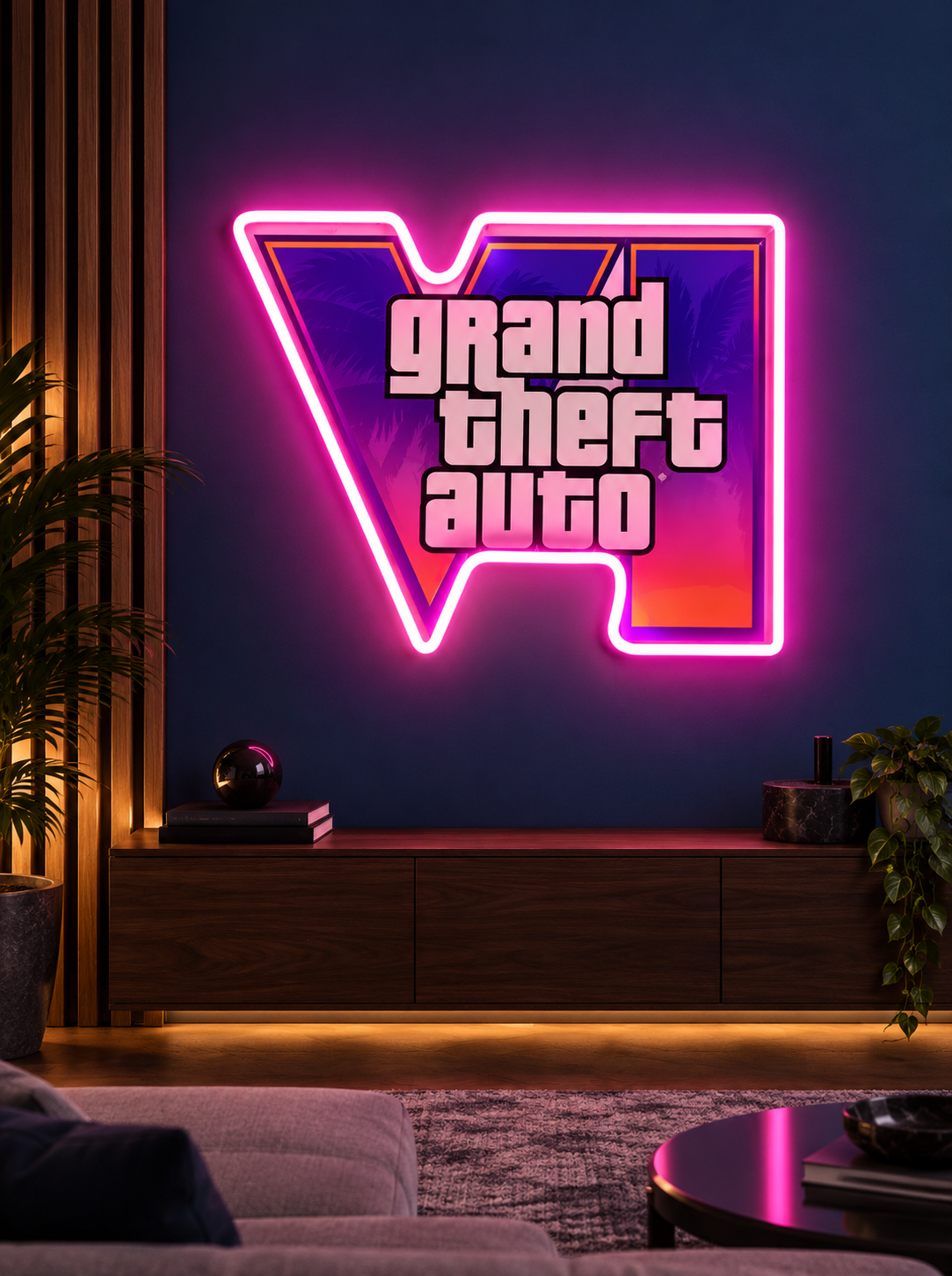 Miami retro gaming LED neon sign lighting up a modern lounge wall