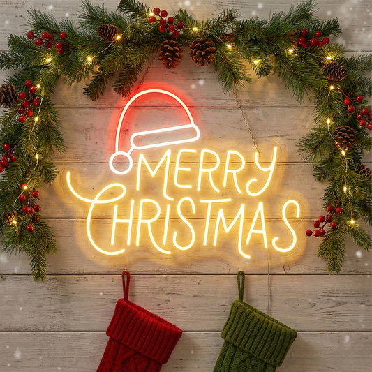 Merry Christmas Cap Neon Sign | Merry Christmas Neon Light (24In x 18In)