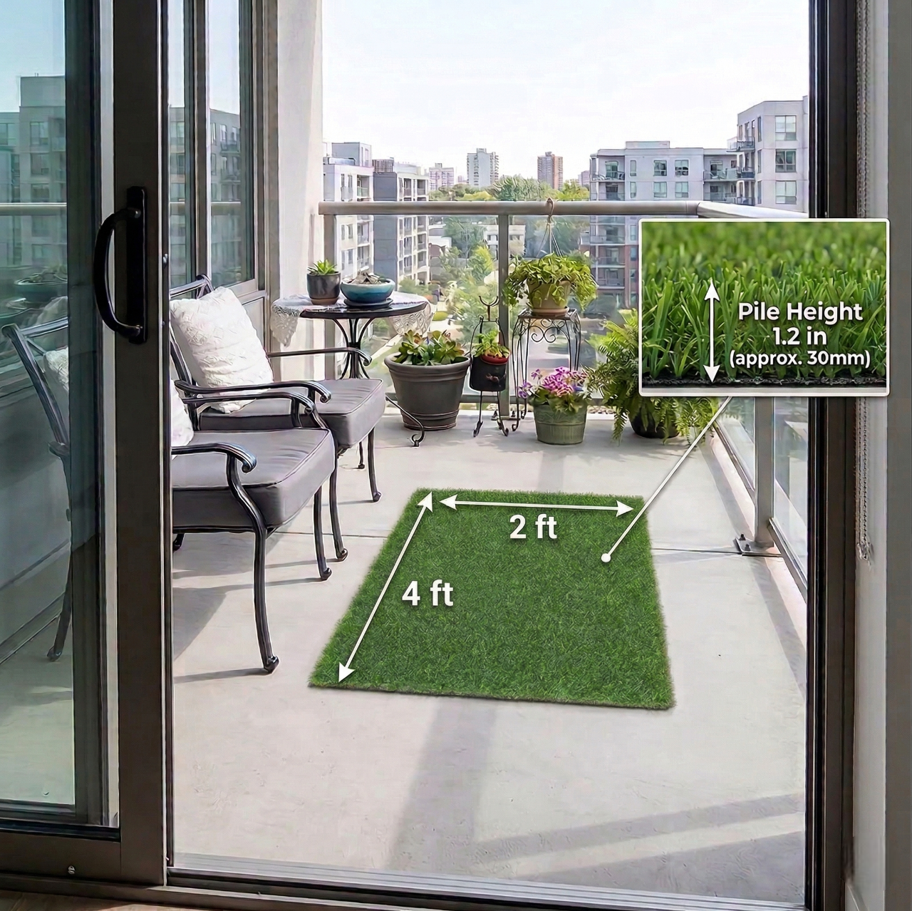 Artificial Turf Balcony Strip | Fake Lawn Grass | Synthetic Grass Matting for Balcony 40mm (2ft x 4ft)