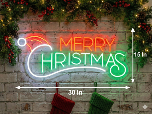 Merry Christmas Cap Design Neon Sign | Christmas Neon Sign (30In x 15In)